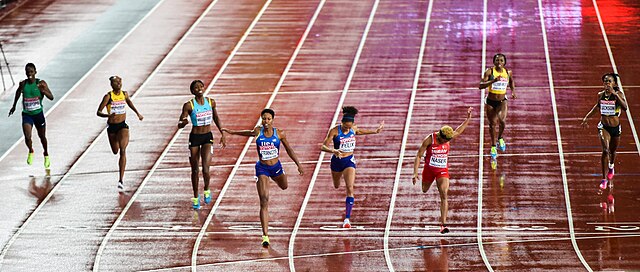 At age 19, Eid Naser (third from the right in red) took silver in the 400 m at the 2017 World Championships in Athletics in London.