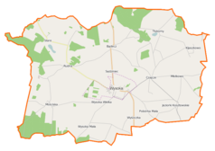 Mapa konturowa gminy Wysoka, w centrum znajduje się punkt z opisem „Wysoka”