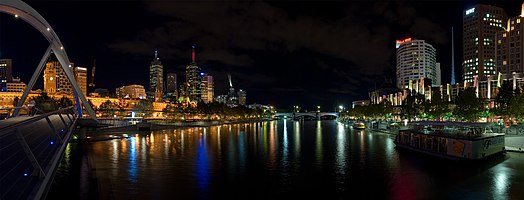 View of the Yarra River as it flows through Central Melbourne at night, with the central business district on the left and Southbank on the right. A five segment panorama taken with a Canon 10D and 17-40mm f/4L lens.