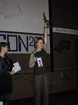 Anna Brzezinska at the Janusz A. Zajdel Award ceremony at Polcon 2001 in Katowice. Zajdel 2000.jpg