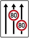 Zeichen 523-31 - Fahrstreifentafel - ohne Gegenverkehr mit integriertem Zeichen 274 - dreistreifig in Fahrtrichtung (1600x1250);  StVO 2017.svg