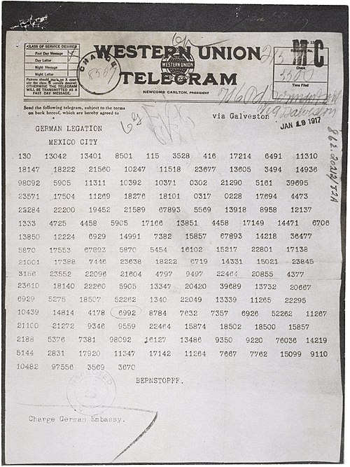 The Zimmermann Telegram (as it was sent from Washington to Mexico) encrypted as ciphertext.