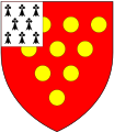 Arms of Zouche of Harringworth, Northamptonshire: Gules, ten bezants 4,3,2,1, a canton ermine (difference of Zouche of North Molton and Ashby; referring to the family's origins in the Duchy of Brittany)