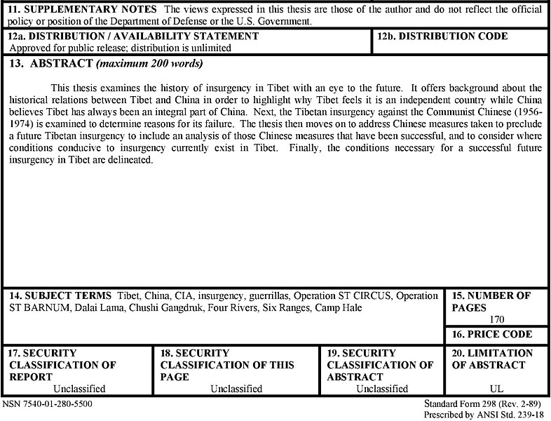 File:"Abstract" "Subject Terms" "Classification" and "Supplementary Notes" in June 2003 from, Tibet and China- History, Insurgency, and Beyond - (IA tibetndchinahist109451030) (page 4 crop).jpg