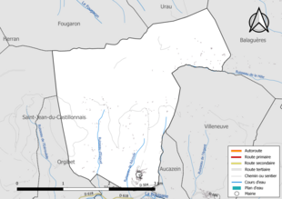 Carte en couleur présentant le réseau hydrographique de la commune