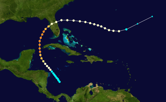 Map plotting the storm's track and intensity, according to the Saffir–Simpson scaleMap key Saffir–Simpson scale .mw-parser-output .div-col{margin-top:0.3em;column-width:30em}.mw-parser-output .div-col-small{font-size:90%}.mw-parser-output .div-col-rules{column-rule:1px solid #aaa}.mw-parser-output .div-col dl,.mw-parser-output .div-col ol,.mw-parser-output .div-col ul{margin-top:0}.mw-parser-output .div-col li,.mw-parser-output .div-col dd{page-break-inside:avoid;break-inside:avoid-column} .mw-parser-output .legend{page-break-inside:avoid;break-inside:avoid-column}.mw-parser-output .legend-color{display:inline-block;min-width:1.25em;height:1.25em;line-height:1.25;margin:1px 0;text-align:center;border:1px solid black;background-color:transparent;color:black}.mw-parser-output .legend-text{}  Tropical depression (≤38 mph, ≤62 km/h)   Tropical storm (39–73 mph, 63–118 km/h)   Category 1 (74–95 mph, 119–153 km/h)   Category 2 (96–110 mph, 154–177 km/h)   Category 3 (111–129 mph, 178–208 km/h)   Category 4 (130–156 mph, 209–251 km/h)   Category 5 (≥157 mph, ≥252 km/h)   Unknown    Storm type  Tropical cyclone  Subtropical cyclone  Extratropical cyclone / Remnant low / Tropical disturbance / Monsoon depression