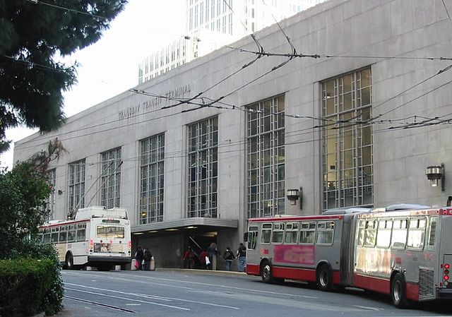 A 2008 view of the facade of the now-demolished 1939 "Transbay Transit Terminal" which was designed by Timothy L. Pflueger