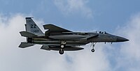 A US Air Force F-15C Eagle, tail number 85-0107, on final approach at Kadena Air Base in Okinawa, Japan. It is assigned to the 44th Fighter Squadron at Kadena AB.