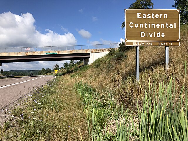 Sign on Interstate 68 in Garrett County, Maryland, marking the crossing of the Eastern Continental Divide