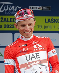 2022 Tour of Slovenia (Stage 3 podium, Rafał Majka in Red jersey; points classification).jpg