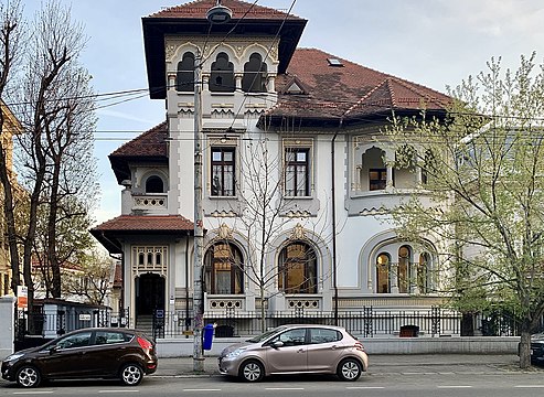 Revivalist architecture of a national style (in this case Romanian Revival): The C.N. Câmpeanu House on Bulevardul Dacia (Bucharest), c. 1923, by Constantin Nănescu[25]