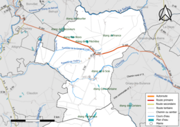 Carte en couleur présentant le réseau hydrographique de la commune