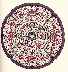 Support de miroir circulaire riche, motifs concentriques à dominante rouge et vert sur fond blanc.
