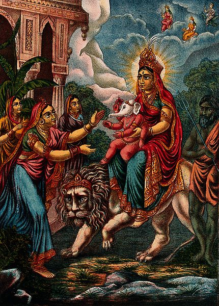 Parvati riding a lion with her son Ganesha