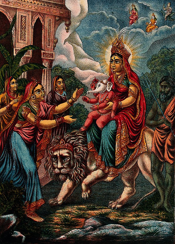 Parvati riding a lion with her son Ganesha