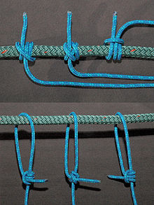 Top, left to right: ABOK "Rolling hitch(1)"(#1734), "rolling hitch(2)"(#1735), "Magnus Hitch"(#1736). Bottom, the corresponding adjustable loop made using the hitch above it, left to right: "adjustable hitch"(#1800, #1856), "midshipman's hitch"(#1855), "adjustable hitch" with the concluding hitch reversed.(#1857) AdjustableHitchVariations.jpg