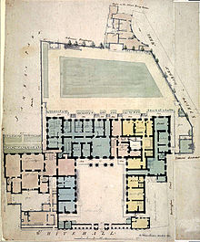 The Admiralty complex in 1794. The colours indicate departments or residences for the several Lords of the Admiralty. The pale coloured extension behind the small courtyard, on the left is Admiralty House. Admiralty 1794 Draughtsman; Chawner, Thomas.jpg