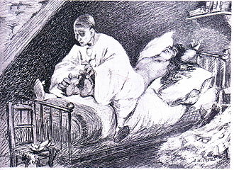 Pierrot tickles Columbine to death. Drawing by Adolphe Willette in Le Pierrot, December 7, 1888, inspired by Paul Margueritte's Pierrot, Murderer of His Wife (1881). Adolphe Willette - Pierrot tickles Columbine to death.jpg
