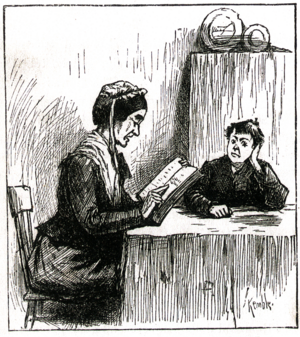 woman and boy sitting at table, woman reading