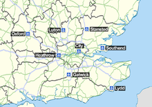 Locations of OXF, LHR, LTN, LGW, LCY, STN, SEN and LYX.