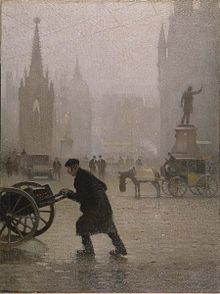 Albert Square, as depicted in a 1910 oil painting by Adolphe Valette. The Albert Memorial (left) and Gladstone statue (right) can be seen in the foreground. Albert Square Manchester 1910, Valette.jpg