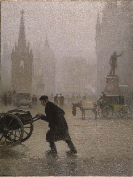Albert Square, as depicted in a 1910 oil painting by Adolphe Valette. The Albert Memorial (left) and Gladstone statue (right) can be seen in the foreg