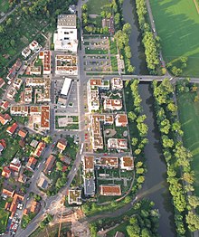 Stadtviertel Alte Weberei in Tübingen senkrecht von oben