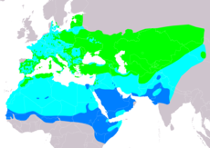 Rozšíření lindušky úhorní (světle zeleně – hnízdiště, světle modře – migrace, modře – zimoviště)