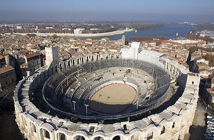 Arles Amphitheatre, France: a Roman arena still used[7] for bullfighting, plays and summer concerts.