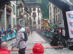 Arrivée à Chamonix lors du Marathon du Mont-Blanc 2014. Arrivée à Planpraz annulée en raison des conditions météorologiques.