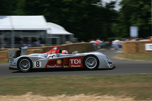 The 2006 24 Hour of Le Mans-winning No. 8 Audi R10 of Audi Sport Team Joest at the 2009 Goodwood Festival of Speed, driven by Marco Werner.