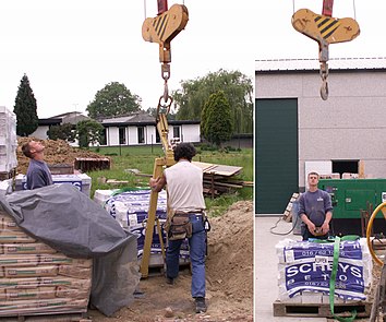 Cranes can mount many different utensils, depending on load (left). Cranes can be remote-controlled from the ground, allowing much more precise control, but without the view that a position atop the crane provides (right).