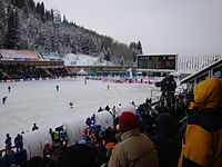 The final of the bandy tournament at Asian Winter Games at Medeu between Kazakhstan and Mongolia, which was attended by President Nursultan Nazarbayev. Bandy in Medeu Kazakhstan.JPG