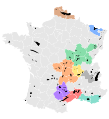 Location of French coalfields. Bassins houillers de France couleur map.svg