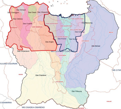 Batas DAS dan wilayah sungai yang meliputinya di wilayah kerja Balai Besar Wilayah Sungai Ciliwung-Cisadane