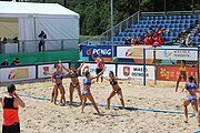 Deutsch: Beachhandball Europameisterschaften 2019 (Beach handball Euro); Tag 2: 3. Juli 2019 – Frauen, Vorrunde Gruppe C, Spanien-Griechenland 2:1 (12:20, 18:16; 8:2) English: Beach handball Euro; Day 2: 3 July 2019 – Women Preliminary Round Group C – Spain-Greece 2:1 (12:20, 18:16; 8:2)