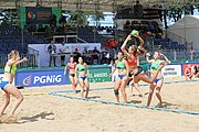 Deutsch: Beachhandball Europameisterschaften 2019 (Beach handball Euro); Tag 2: 3. Juli 2019 – Frauen, Vorrunde Gruppe D, Ukraine-Deutschland 2:0 (23:22, 32:24) English: Beach handball Euro; Day 2: 3 July 2019 – Women Preliminary Round Group D – Ukraine-Germany 2:0 (23:22, 32:24)