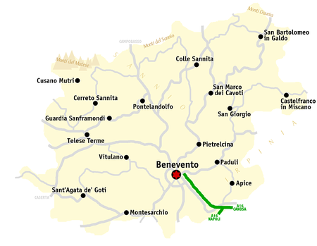 The Sannio Hills runs through the center of the province of Benevento. Benevento map.png