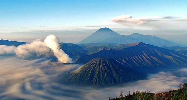 Mount Semeru and Mount Bromo in East Java. Indonesia's seismic and volcanic activity is among the world's highest