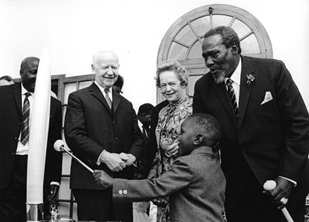 Jomo Kenyatta and his son meet the President of West Germany Heinrich Lübke in 1966.