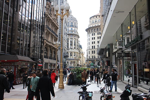 Near the corner of Florida street and the Diagonal Norte thoroughfare, featuring several styles of architecture.