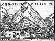 Potosi (from the book Cronica del Peru), the "cerro rico" that produced massive amounts of silver from a single site. The first image published in Europe. Pedro Cieza de Leon, 1553. Capitulo-CIX.jpg