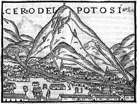 Potosí (from the book Crónica del Perú), the "cerro rico" that produced massive amounts of silver from a single site. The first image published in Europe. Pedro Cieza de León, 1553.