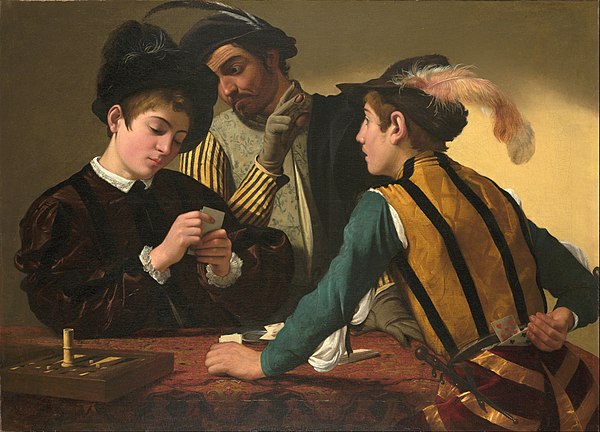 Caravaggio, The Cardsharps (c. 1594), depicting card sharps.