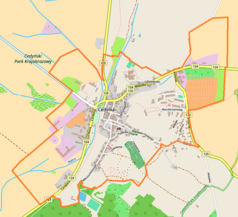 Mapa konturowa Cedyni, w centrum znajduje się punkt z opisem „Parafia rzymskokatolicka pw.NarodzeniaNajświętszej Maryi Pannyw Cedyni”