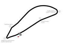 De Hockenheimring vóór 1960: De haarspeldbocht aan de westkant vormt tegenwoordig de Heidelbergerstraße en de Ernst-Wilhelm-Sachs-Straße in Hockenheim