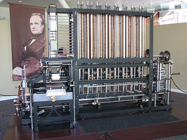 A modern recreation of Charles Babbage's difference engine on display at the Computer History Museum