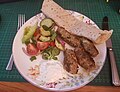 Dinner 30 07 2019 Lamb Koftas with salad, a sourdough and linseed wrap with onion & garlic dip (48162583727).jpg
