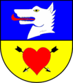 Das Wappen von Dollerup mit dem selteneren Zeichen, bestehend aus Herz und Pfeilen, für die Husbyharde