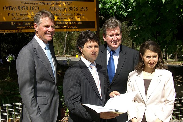 Berejiklian (right) with Andrew Stoner, Victor Dominello and Liberal Leader Barry O'Farrell in 2008